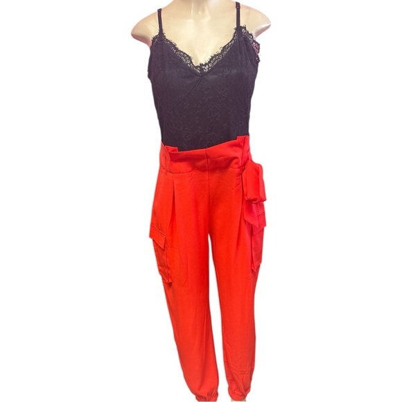 NWTO Orange and Black Jumpsuit with Paper Bag Waist and Tapered Ankle - Picture 2 of 8